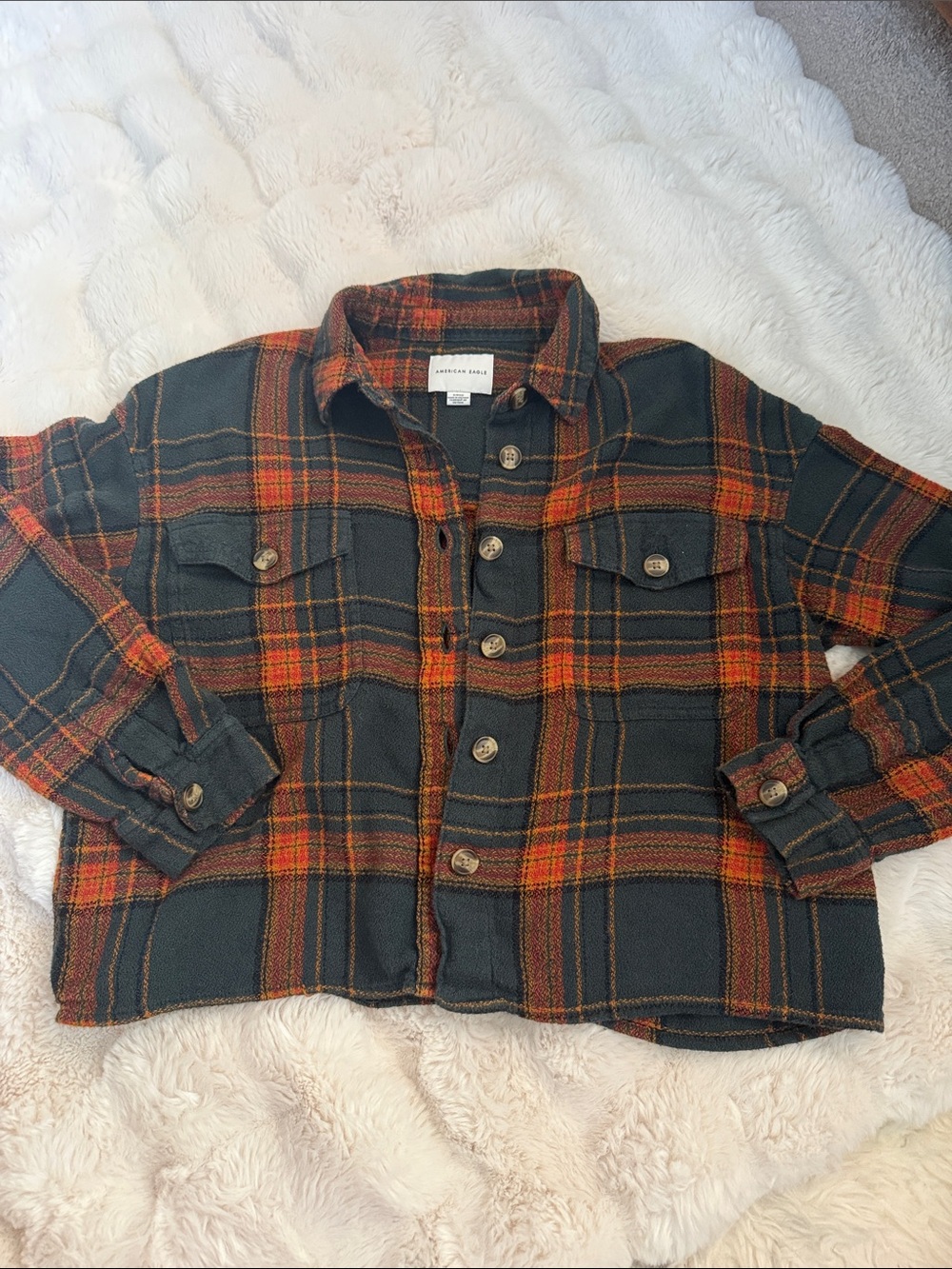 American Eagle Outfitters Green and Orange Plaid crop flannel top